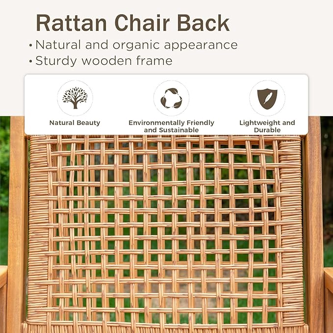 PHI VILLA Patio Dining Set,Acacia Wood Table and Rattan Chairs | PE Rattan chairs, Bright Brown, for Patio, Deck, Yard, Porch