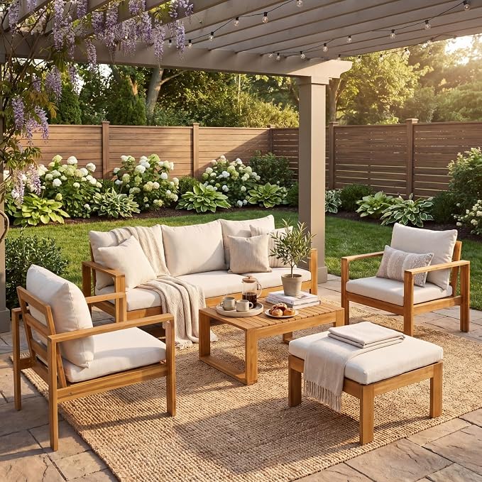 5-Piece Patio Furniture Set, Outdoor Conversation Set with Acacia Wood, Coffee Table and Ottoman, All-Weather Cushions for Backyard, Garden and Poolside(D-Beige)