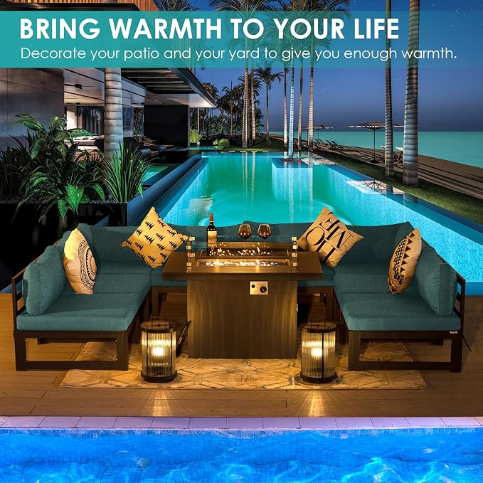 RADIATA 8 Person Modern Aluminum Outdoor Patio Furniture Set with Fireplace, 29 inch Wide Deep Seating, Fade Resistant L-Shaped Sectional Couch, Plus Size Conversation Set for Backyard Terrace, Teal
