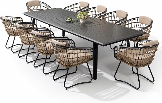 Pellebant 11-piece Outdoor Dining Set for 10 Person - Weather-Resistant Patio Dining Furniture, 116" Aluminum Outdoor Table with Umbrella Hole, Wicker Chair with Cushion for Deck, Porch, Backyard