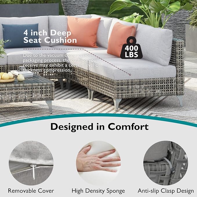 YOPTO 7-Piece Wicker Patio Furniture Set with Water Resistant Thick Cushions & Coffee Table,Outdoor Conversation Set Sectional Sofa W/Removable Cushions Cover,Free Combination,for Patio,Backyard,Gray
