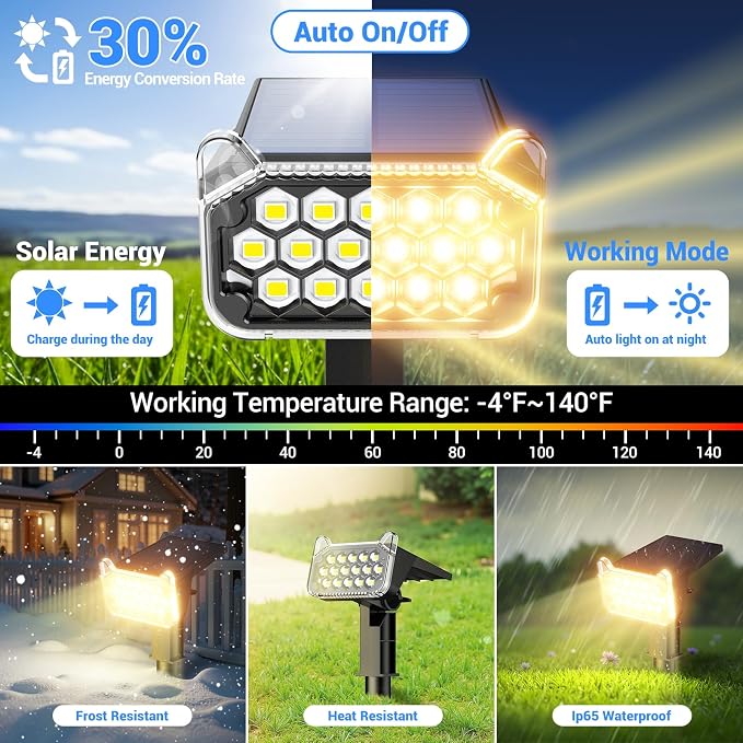 Solar Spot Lights Outdoor Waterproof IP65, Super Bright LEDs with Lens, 2 Lighting Modes, 2 in 1 Auto On/Off Solar Powered Spotlights for Outside Landscape Holiday Decor, 6 Pack, Warm White