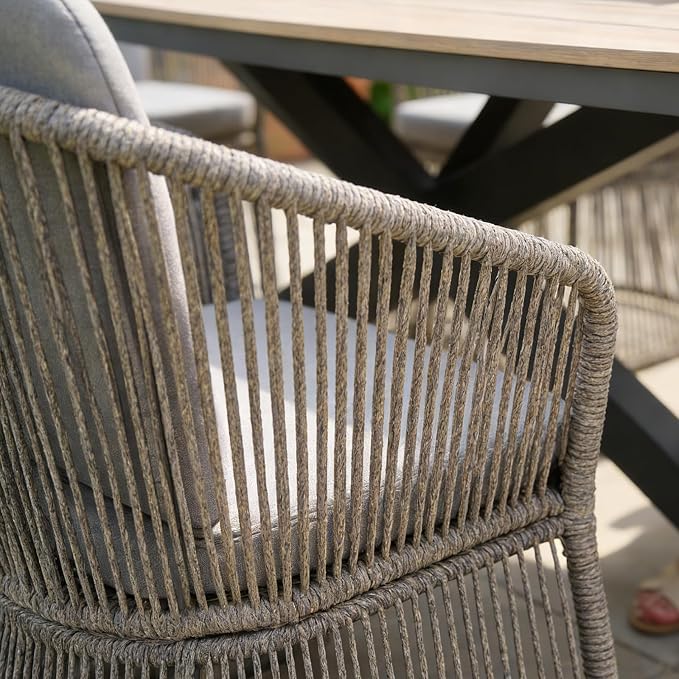 SUNSITT 9 Piece Outdoor Patio Dining Set, Patio Dining Furniture Set with 87” Aluminum Dining Table w/X Base Legs and 8 Woven Wicker Outdoor Patio Chairs w/Curved Armrest for Garden, Dark Grey