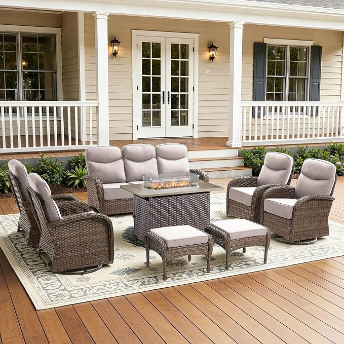 8-Piece Luxury Patio Furniture Set with 42.5" Fire Pit Table, Outdoor Wicker Sofa Couch & Swivel Rocker Chairs with 6-inch Thick Cushion, Conversation Set for Poolside, Deck & Yard - Beige