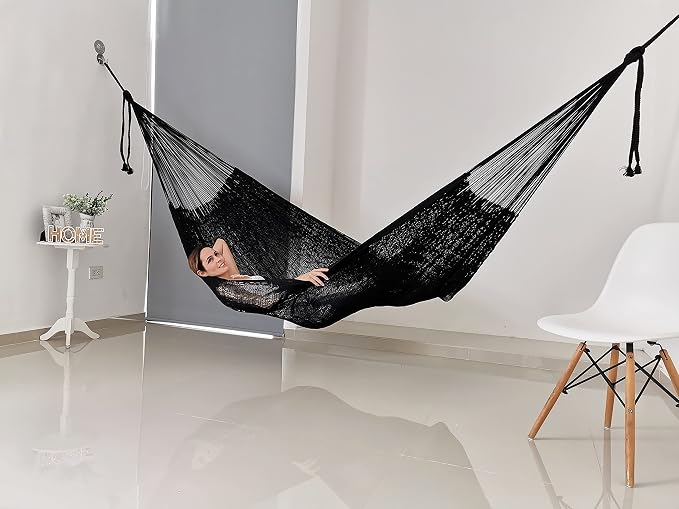 Traditional Mayan Hammock - Hammock Made with Thick Cotton Thread (Black, Medium)