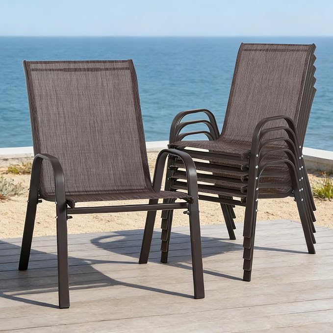 24.4" Wide Outdoor Stackable Chairs Set of 6, Stacking Patio Chairs with Textilene Fabric, Outside Furniture for Garden Backyard Balconie Poolside Deck, Brown