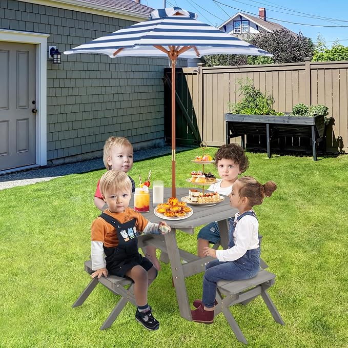 Costzon Kids Picnic Table, Fir Wood Octagon Kids Table and Chair Set with Removable Umbrella, Toddler Activity Table for Backyard, Garden, Patio, Kids Outdoor Furniture for Boys Girls (Grey)