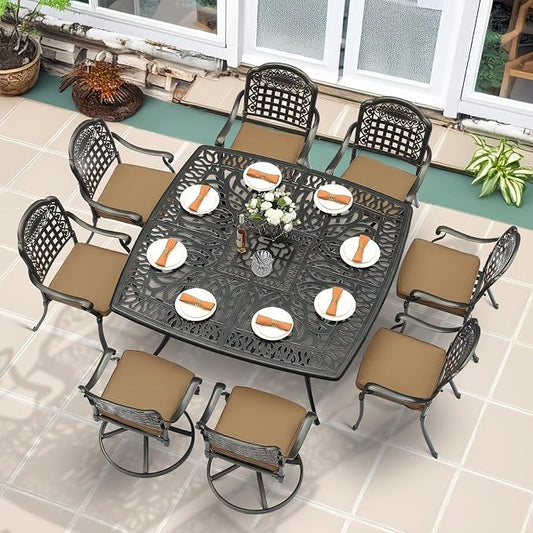 MEETWARM 9-Piece Outdoor Patio Dining Set for 8, All Weather Cast Aluminum Patio Funiture Table and Chairs Set- Large 64" Square Table and 2 Swivel Rocker Chairs, 6 Stationary for Garden, Khaki