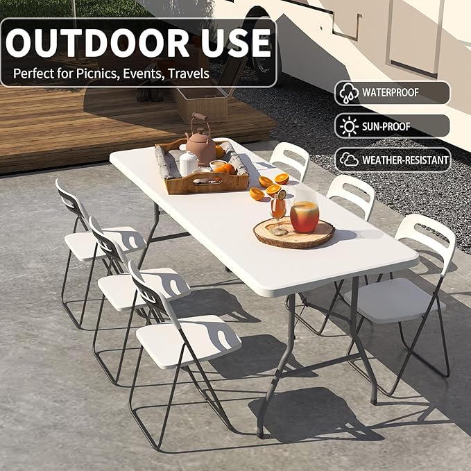 6FT Folding Picnic Table for Outdoor, Portable, White Foldable Table for Camping, Parties, with Carrying Handle (White, 2 Pack)