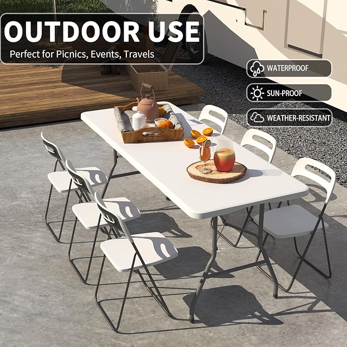 Folding Table 6FT, No Assembly Required Outdoor Picnic Table Thickened HDPE Panel, Office Foldable Table with Handle & Lock for Parties Wedding Camping (White, 8 Pack)