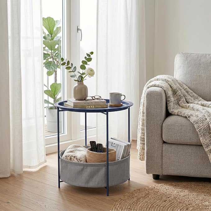 VECELO Round Side/End Table with Fabric Storage Basket，Metal Anti-Rust and Waterproof Small Bedside Nightstand with Removable Tray Top for Living Room，Balcony & Laundry，Blue /1pcs with Basket