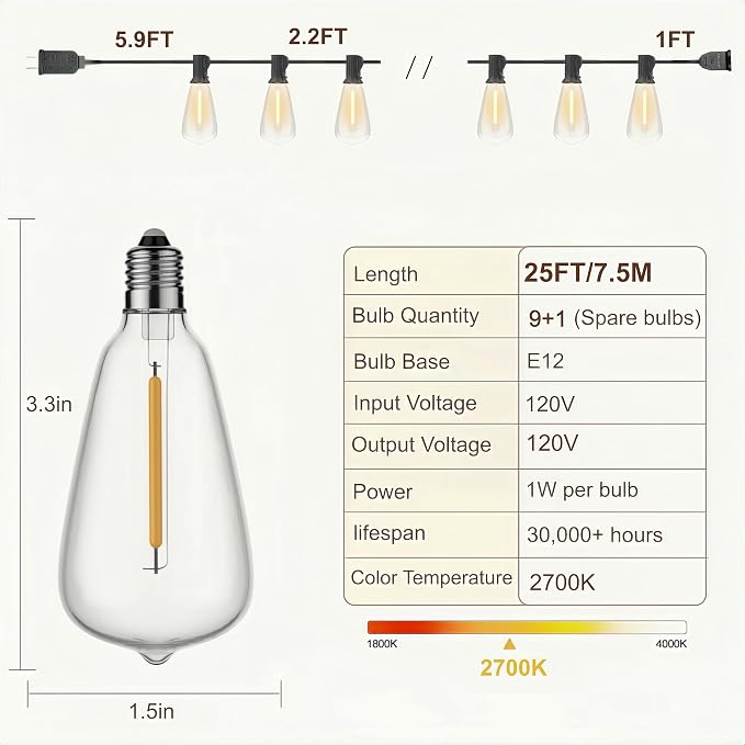 Outdoor String Lights, Waterproof Shatterproof Vintage Bulbs | 25FT Patio Lights, 10 bulbs, Dimmable & Connectable, 2700K Warm White, ideal for Balcony, Porch, Party & Indoor Decoration
