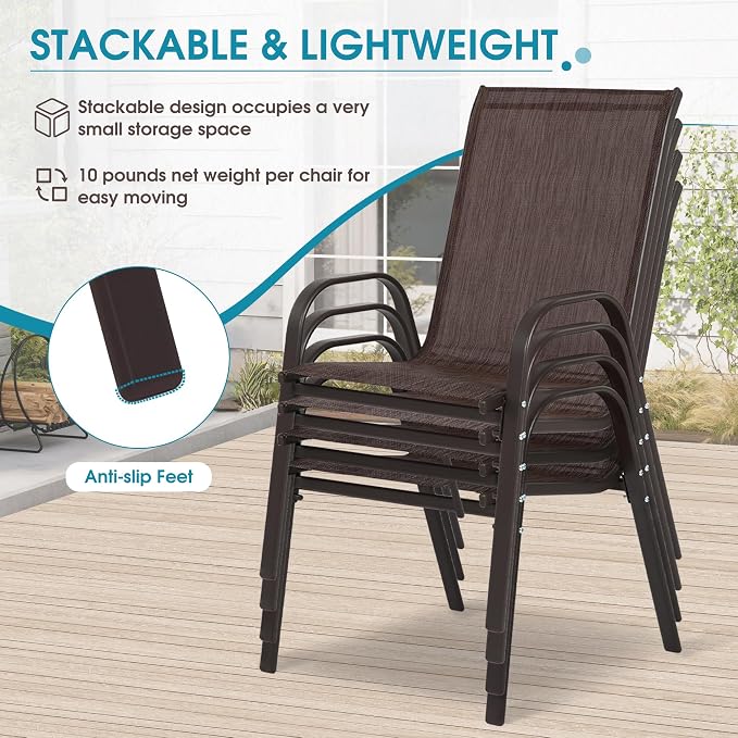 5 Piece Patio Dining Set with Wider 24.4" Stackable Chairs, Outdoor Dining Set for 4 with 36"*36" Table, Brown Metal Frame and Brown Textilene