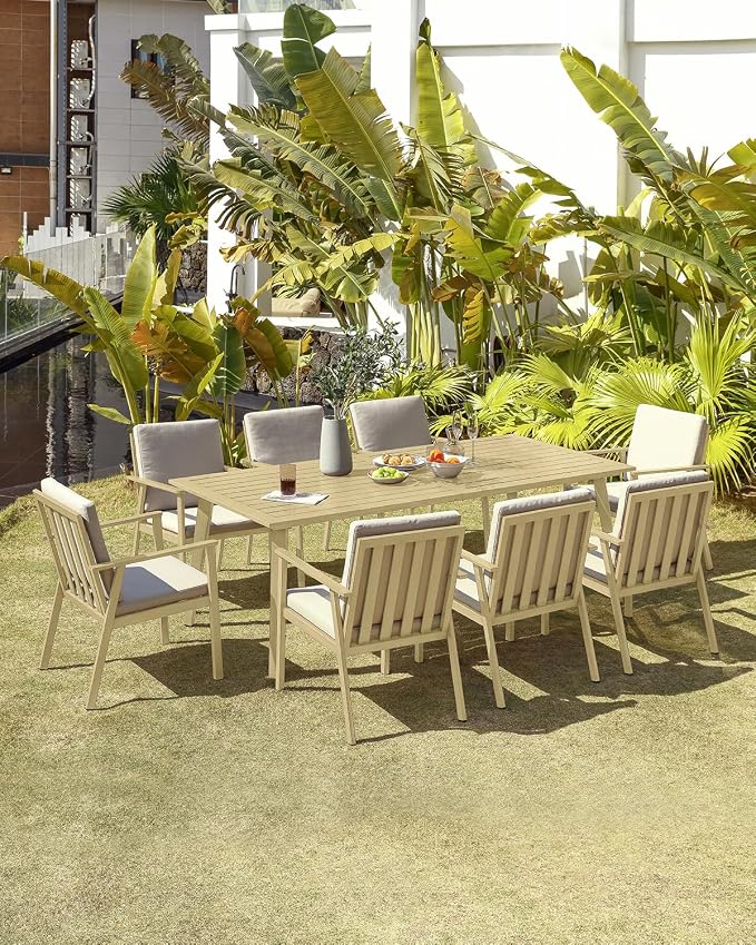 Never-Rust Outdoor Patio Dining Chairs, 4 Pieces Outdoor Aluminum Dining Chairs with Thickened Cushions, Patio Dining Furniture Chairs Set for Garden, Decks, Porch, Pool, Maple Wood