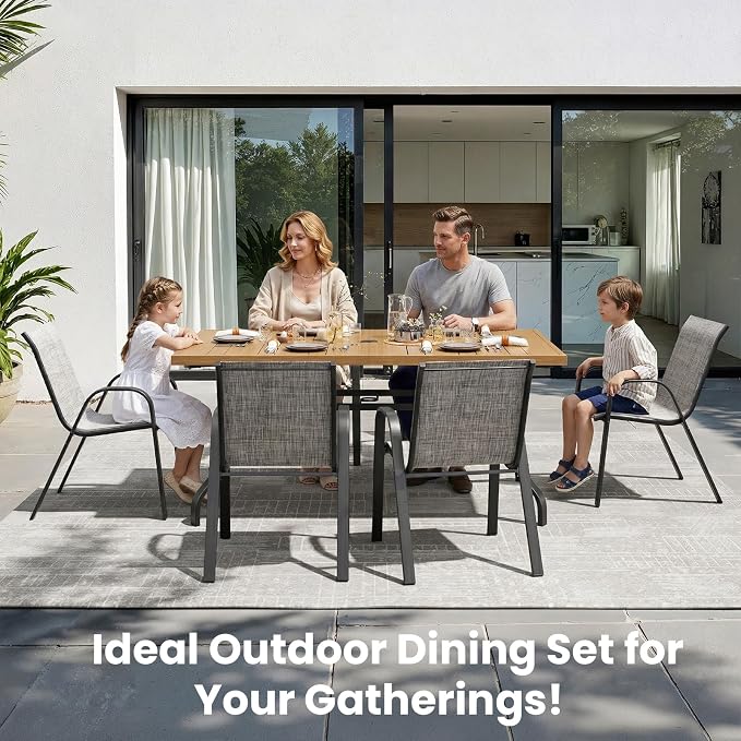 Soohow Outdoor Dining Set for 6, Outdoor Patio Dining Set 6 x Stackable Chairs & 1 x Wood-Like Outdoor Table with Umbrella Hole, All-Weather Patio Table and Chairs for Poolside, Backyard and Porch
