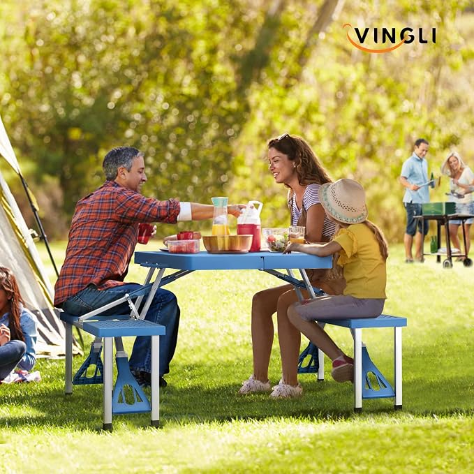 VINGLI 4 Ft Camping Picnic Table Set with 4 Seats with Umbrella Hole Folding Lightweight Suitcase Card Table-220 Lbs Support Aluminum Frame, Plastic RV Tabletop for Barbecue,Travel,Outing,Gathering