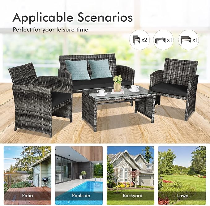 Outdoor Conversation Set, 8 Pieces Wicker Patio Furniture Set with Ergonomic Curved Design, Patio Chair Set with Water-Resistant Cushion & Tempered Glass Table for Balcony,Porch (Black)