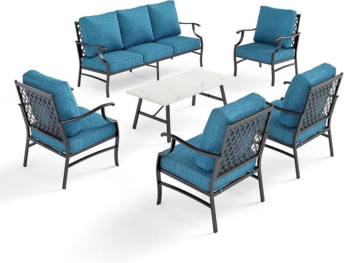 SUNSHINE VALLEY 6 Piece Metal Outdoor Patio Furniture Set, Patio Conversation Sets 1 3-Seater Sofa, 4 Fixed Chairs with 5.75" Thick Cushion and Coffee Table, Backyard Furniture Set for Deck, Blue-2