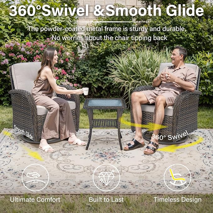 Belord 6 Piece Patio Conversation Sets - Wicker Patio Furniture Sets with Outdoor Swivel Rocker Chairs Outdoor Couch Perfect for Deck Patio Backyard, Brown Wicker Beige Cushion
