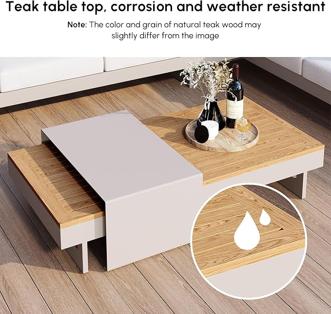 homary Outdoor Conversation Sets Ideal for Patios, Light Gray | 4 Piece Aluminum & Teak Patio Sectional Sofa Set with Adjustable Backrests, Waterproof Cushions
