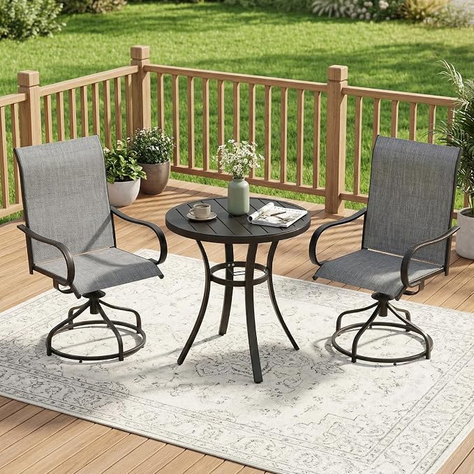 TLSUNNY 3 Piece Patio Dining Set for 2, Outdoor Table and Chairs W/1.57"-1.8" Adjustable Umbrella Hole & Foot Pads, 27.6" Round Metal Table and Patio 360° Swivel Chair, Rocking not Included (Grey)