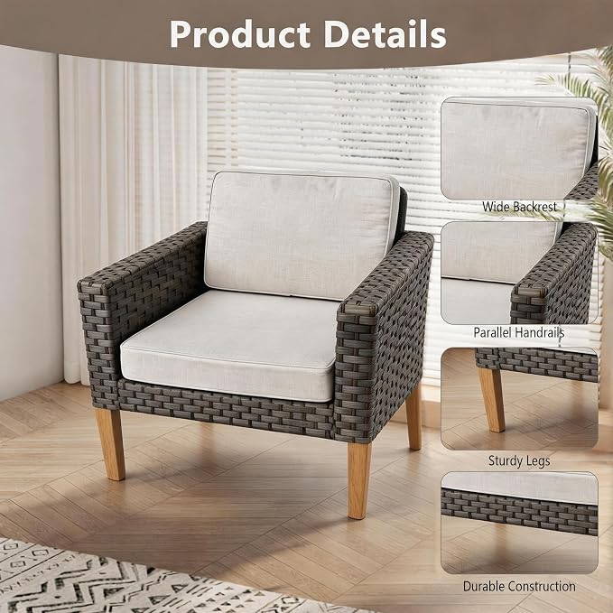 DECMICO 4 Piece Rattan Conversation Bistro Set, Outdoor Wicker Patio Furniture Set, All-Weather PE Rattan Chairs with Cushions for Backyard, Balcony, Garden, Beige