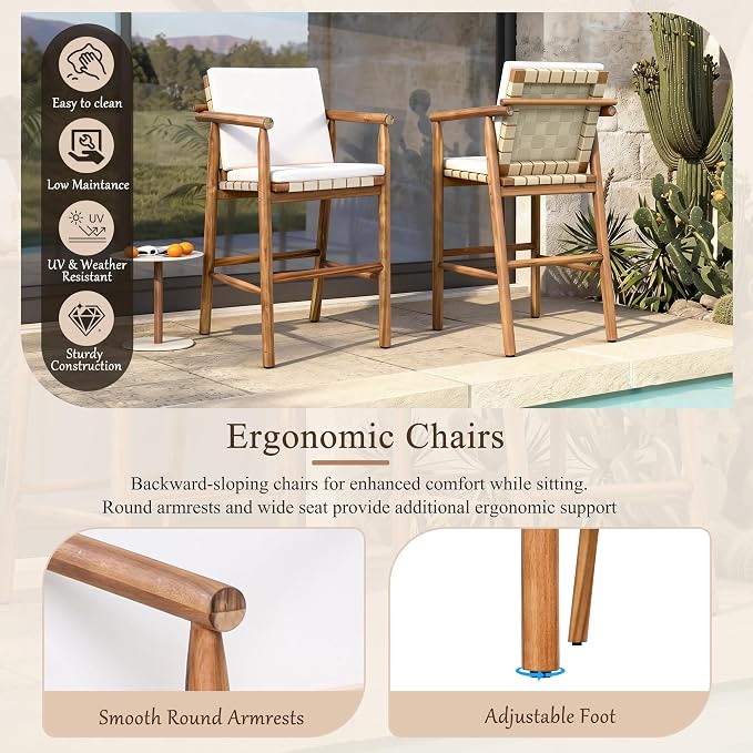 3 Piece Outdoor Bar Set for 2, Acacia Wood Bar Height Table & 2 Stools with Removable Cushions, Wood Dining Bar Set with Adjustable Feet, Patio Balcony Bistro Furniture, Beige+Natural