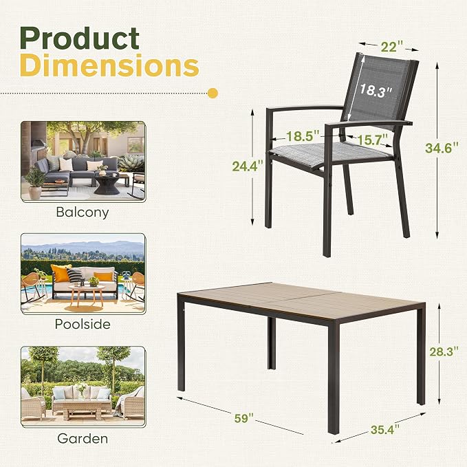 GUNJI 7 Piece Patio Furniture Set,Outdoor Dining Set with 6 Stackable Textilene Chairs and 60" Rectangular Table,Family Conversation Set for Garden Backyard Deck (Gray)