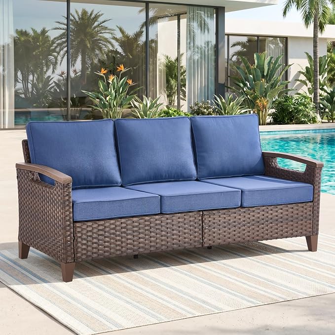 Rilyson Luxury Wicker Outdoor Couch Patio Sofa, 3 Seater Rattan Patio Couch Water Resistant,Comfortable Cushions and Sturdy Metal Frame for Outside Porch Deck Backyard, Brown/Blue