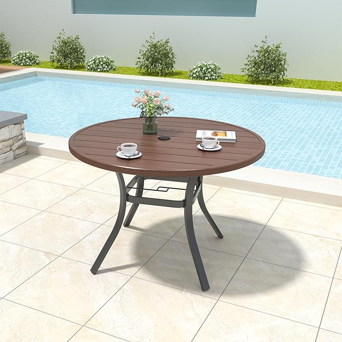 Anmutig Round Outdoor Dining Table, 41-inch All-Weather Patio Table with Adjustable Umbrella Hole for Deck Lawn Garden Backyard Balcony Deck, Metal Frame Slatted Tabletop