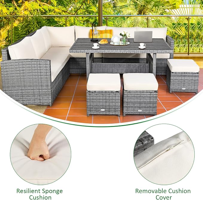 Tangkula 7 Pieces Patio Furniture Set, Outdoor Sectional Rattan Dining Sofa Set with Cushions, All Weather Wicker Conversation Couch Set with Dining Table & Ottomans for Yard Garden Poolside, White