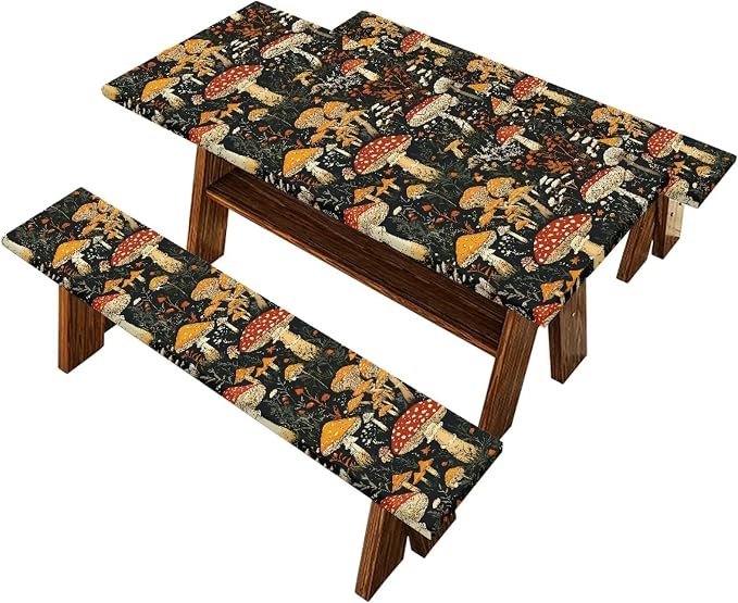 Mushroom Picnic Table Cover with Bench Covers, Beach Waterproof Outdoor Table Cover, Picnic Table Covers with Elastic Suitable for Camping Party Travel Camping