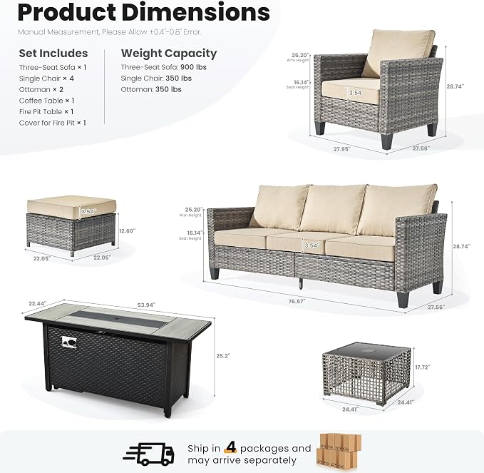 ovios 9 Pieces Patio Furniture Set with 54" Fire Pit Table, Outdoor Sofa Couch with Solar Lights Table Comfy Cushions, Modern Deep Seat Wicker Rattan Conversation Set, Beige
