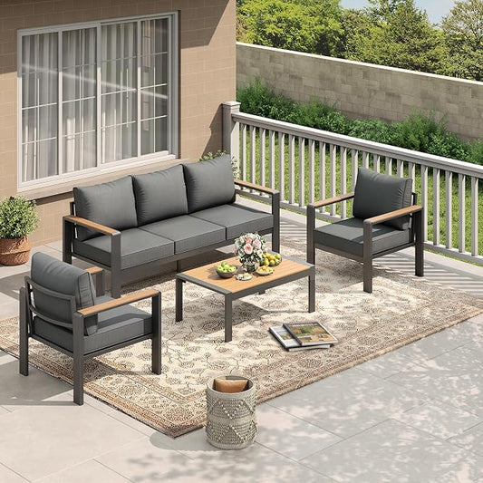 Garvee Aluminum Patio Furniture Set 5 Seats, Generous Outdoor Sectional with Washable Thick Cushions and Coffee Table, Patio Conversation Sets for Porch, Balcony, Deck, Yard
