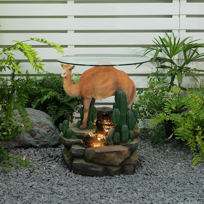 Camel & Cacti Side Table with 4-Tier LED Waterfall Resin Sculpture End Table Glass Top Indoor Outdoor for Patio Garden Living Room