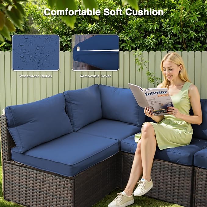 13 Piece Patio Furniture Set with Fire Pit Table All Weather PE Rattan Outdoor Sectional Sofa Couch with No-Slip Cushions for Garden, Poolside, Backyard (Blue)