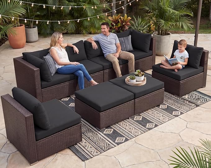 NICESOUL 8 Seater Modern Backyard Furniture Set, 29.3'' High Back Luxury Comfy Brown Wicker Patio Conversation Set with Ottoman, Deep and Wide Sofa Sectional for Exteriors, Dark Brown & Grey