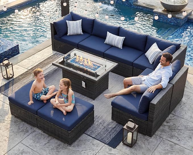 BULEXYARD 9 Pcs Highback Patio Furniture Set with Firepit, High-End Outdoor Sectional Couch with Ottoman 8-Seats, Cozy Comfy Wide Deep Deck Seating Group Conversation, Grey Rattan & Navy Blue Cushion