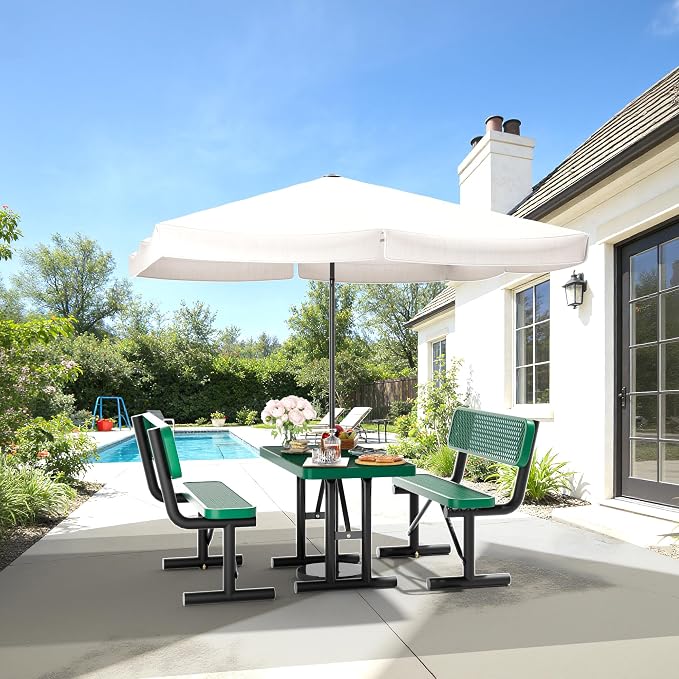 4FT Outdoor Metal Picnic Table with 2 Benches,Heavy Duty Rectangular Picnic Table Set for Outside, Waterproof Commercial Restaurant Table Furniture for Park, Campfield, Patio, Garden, Yard