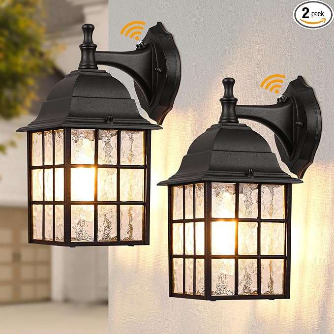WIHTU Dusk to Dawn Outdoor Wall Lights 2Pack, Classic Exterior Porch Light | Aluminum Frame, Water Rippled Glass, Waterproof, E26, Sensor Exterior Lighting Fixtures, Wall Sconce For Garage, Front Door