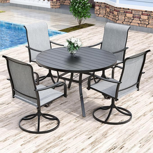 Anmutig 5-Piece Outdoor Dining Set, 48" Round Table with 4 Swivel Textilene Chairs All Weather Furniture Set