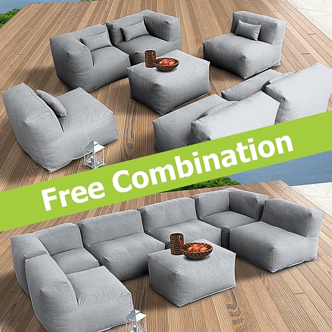 Dineli ANNYH CALALUNA 7Pc Patio Garden Furniture Sectional Conversation Set.Combines 4Middle, 2Corner, 1Ottoman Exp Foam Filled Chairs. A Unique Modular Contemporary Sofa (Dark Gray)