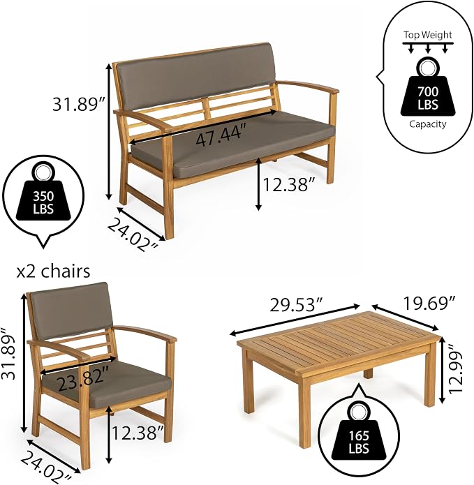 JONATHAN Y Barclay Modern 4-Piece Acacia Wood Outdoor Patio Set, Conversation Seating Group with Removable Cushions and Coffee Table for Backyard, Porch, Garden, Poolside, Dark Gray LVG1000B-4SET