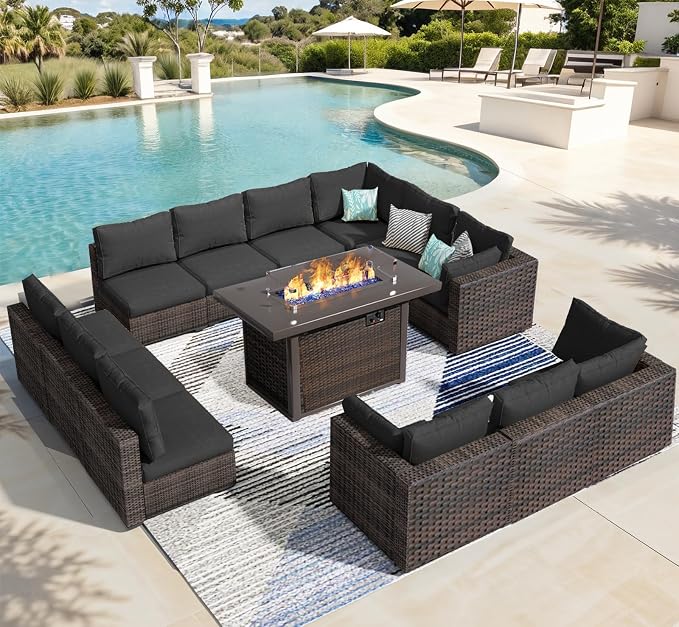 13 Piece Patio Furniture Set with Fire Pit Table All Weather PE Rattan Outdoor Sectional Sofa Couch with No-Slip Cushions for Garden, Poolside, Backyard (Black)