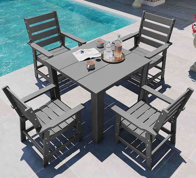 GREENVINES 5-Piece-Outdoor-Dining-Set | HDPE | Square | Patio Furniture | Table and Chairs Sets for 4 | All Weather | Umbrella Hole | for Backyard Poolside Garden | QuadraLuxe | Grey