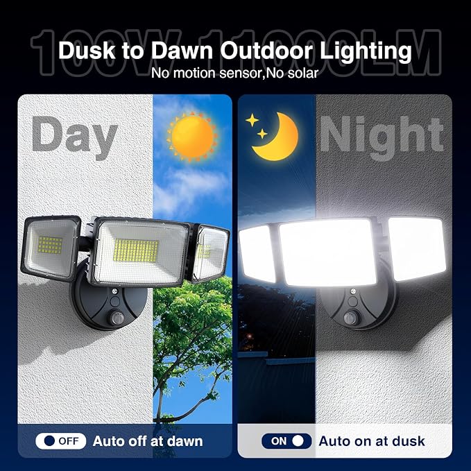 Onforu 100w Dusk to Dawn Outdoor Lighting,11000LM Led Outdoor Light from Dusk Till Dawn,Super Bright Flood Light,IP66 Waterproof Exterior Security Black Light Fixture,3 Heads Photocell for Garage,Yard