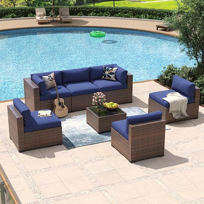 Aoxun 7 Piece Patio Furniture Set Wicker Rattan Patio Conversation Set Outdoor Sectional Sofa Set with Coffee Table and Thickened Cushions, Blue