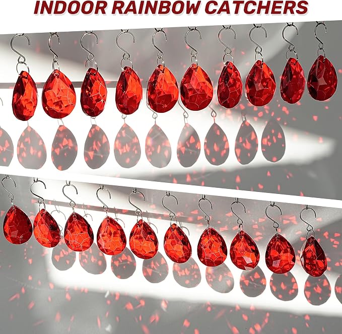 10 Pcs Red Crystal Bauhinia Suncatcher Prisms Chandelier Window Decor | Red Crystal Bauhinia Prisms Suncatcher Pendants 38mm Chandelier Beads Replacement for Window Wedding Party Decor