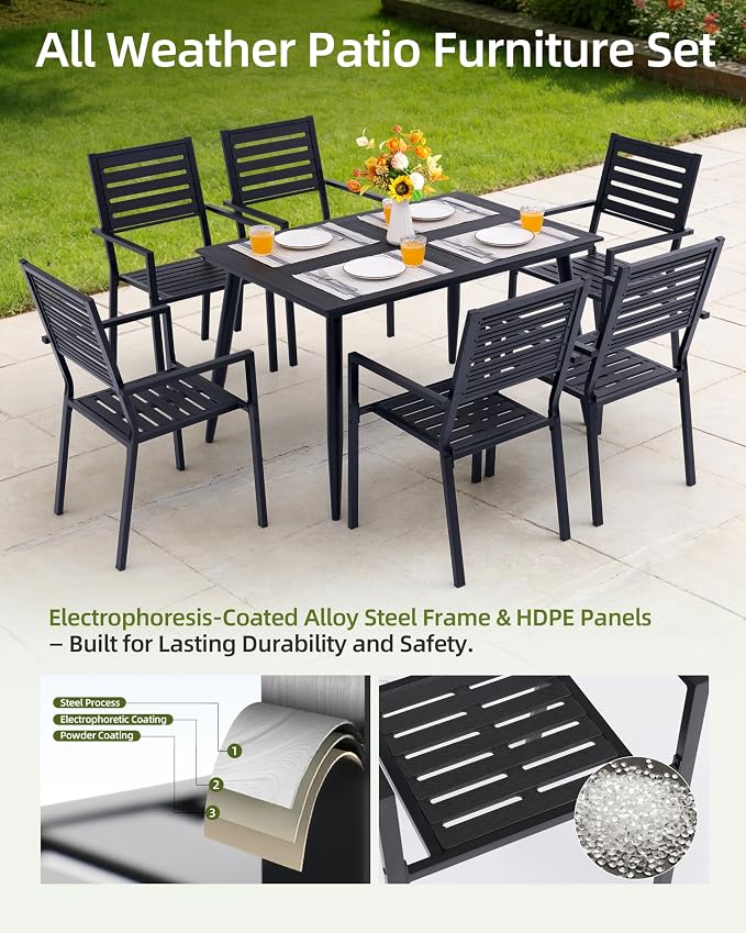 10-Piece Outdoor Dining Set - Two 47.25" HDPE Patio Tables and 8 Stackable Armrest Chairs - All-Weather Rust-Proof Steel Frame for Garden, Deck(Black)