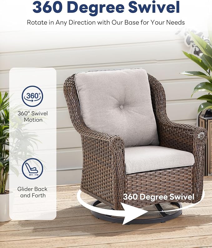 Patio Swivel Chairs Set of 2-High Back Swivel Rocker Outdoor Chair Patio Chair for Deck Porch Lawn Garden Backyard-Brown/Beige
